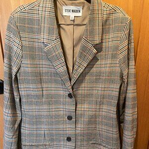 Steve Madden Longline Plaid Blazer Size L Tan Blue and Black